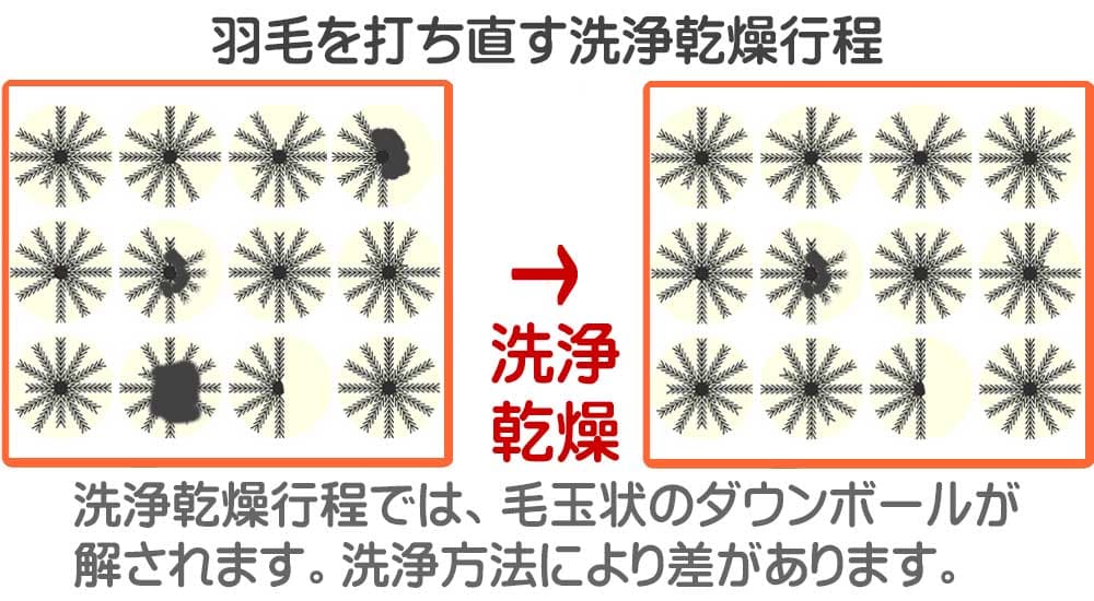 除塵後洗浄乾燥することで毛玉状態のダウンボールがほぐされる様子のイメージ図