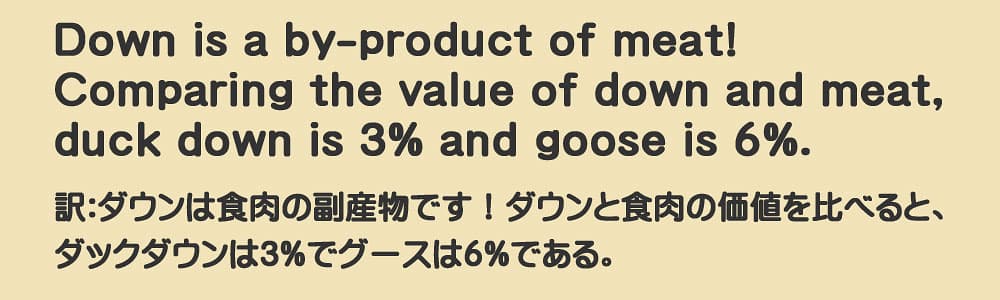 1羽の鳥の羽毛と肉の価値の比率、ダックダウン3%でグースダウン6%