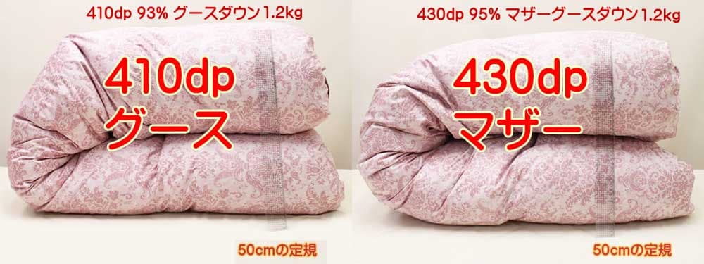 当店が企画し西川とコラボして、マザーとグースダウンの違いだけで側生地も内部のキルト方式も同じ2枚の羽毛布団の写真