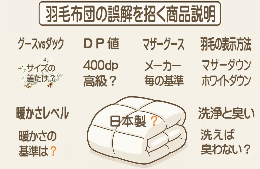 羽毛布団の勘違いしやすい説明や曖昧で誤解を招く表現をイメージした写真