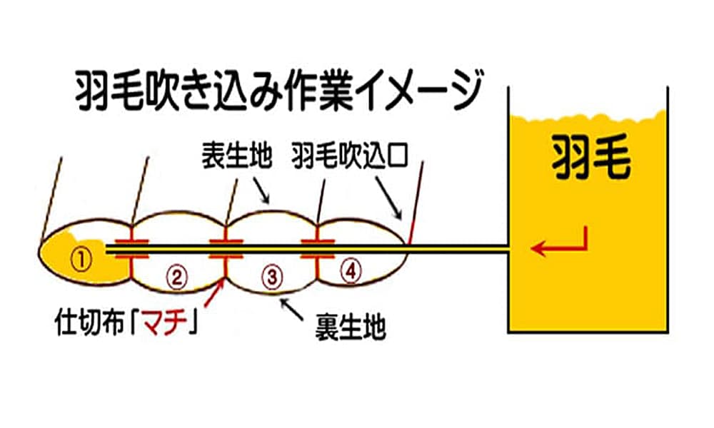 羽毛布団の羽毛を吹き込むイメージ図