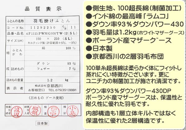 京都西川4f1115品質表示票