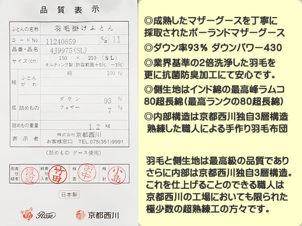京都西川4j9975品質表示票