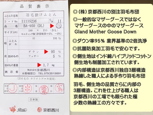 3層構造別注羽毛布団品質表示票